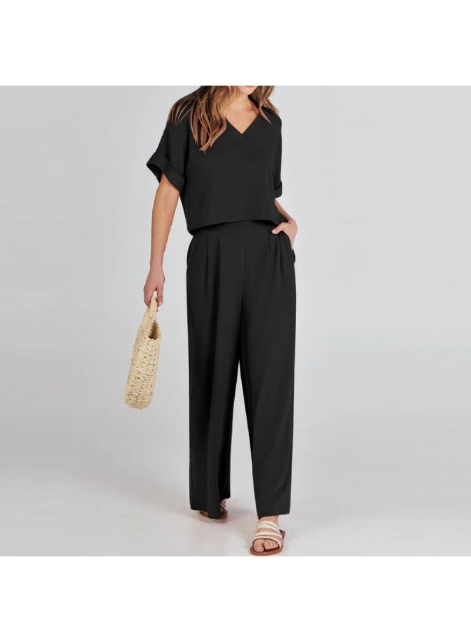 Barbora Elegant Women's T-Shirt and Long Pants Top and Bottom Two Piece Set V Neck Short Sleeve Casual Casual Dress LN27BLACK - Image 3